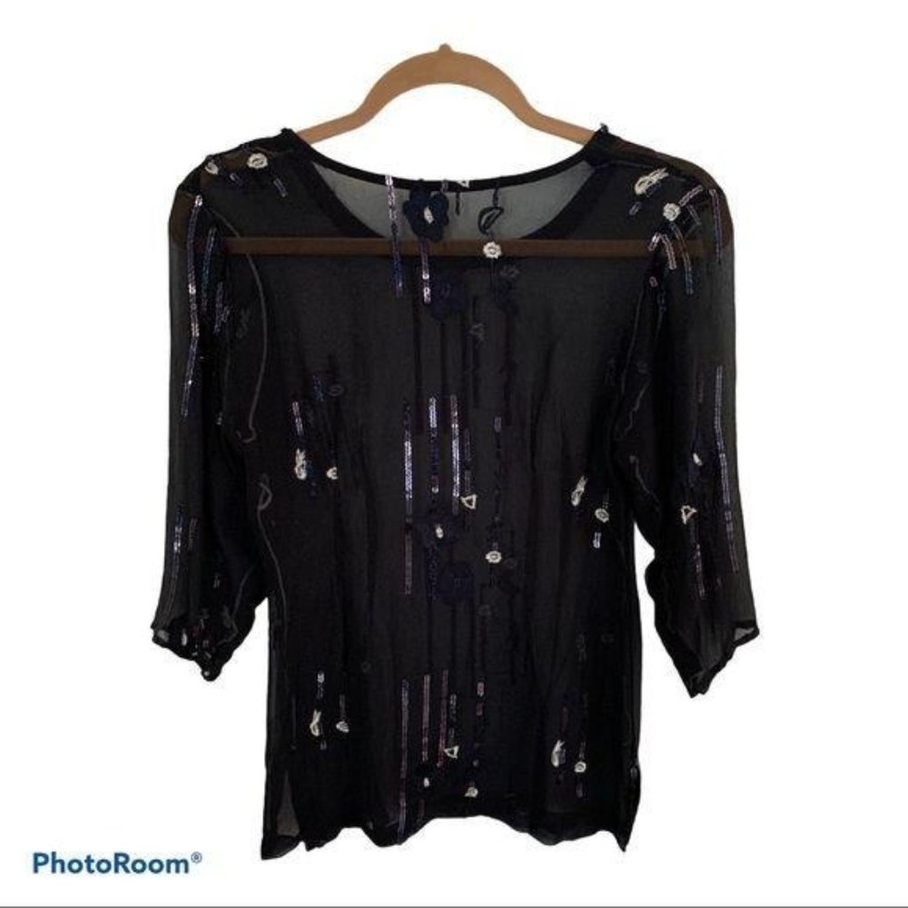 Chiffon Top Sequin Embroidered 3/4 Sleeve Black XS